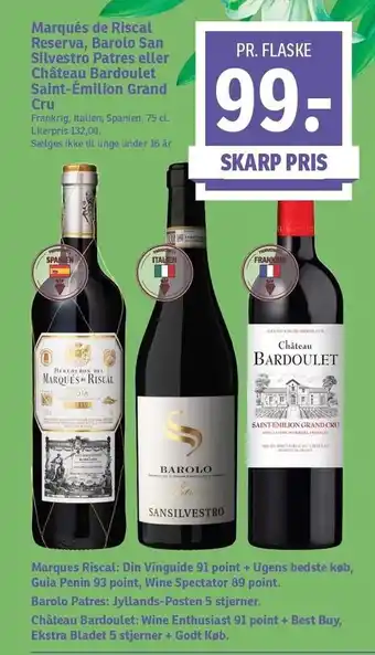 SPAR Marqués de riscal reserva, barolo san silvestro patres eller château bardoulet saint-émilion grand cru tilbud