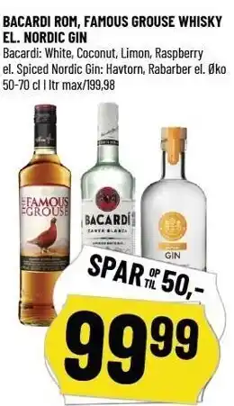 Bacardi rom, famous grouse whisky el. nordic gin