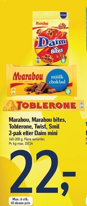 Føtex Marabou, marabou bites, toblerone, twist, smil 2-pak eller daim mini tilbud