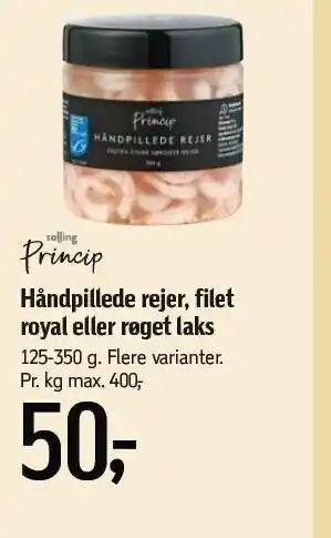 Håndpillede rejer, filet royal el. røget laks