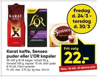 Bilka Karat kaffe, senseo puder eller l'or kapsler tilbud