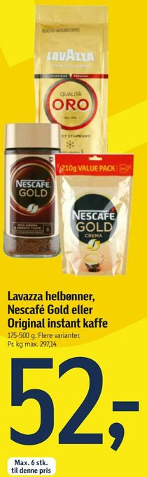 Føtex Lavazza helbønner, Nescafé Gold eller Original instant kaffe tilbud