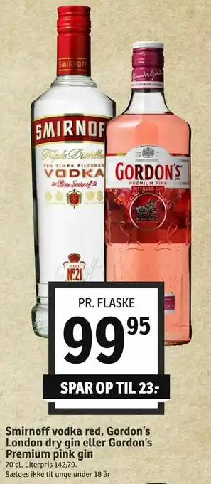 SPAR Smirnoff vodka red, Gordon's London dry gin eller Gordon's Premium pink gin tilbud