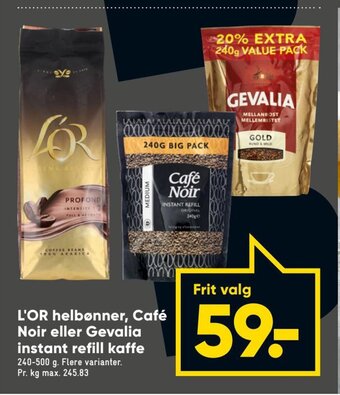 Bilka L'Or Helbønner, Café Noir eller Gevalia Instant Refill Kaffe tilbud