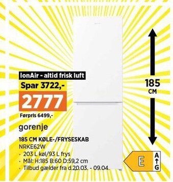 185 cm køle-/fryseskab