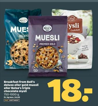 Netto Breakfast from Bell's deluxe eller gold muesli eller Belsø's triple chocolate mysli tilbud