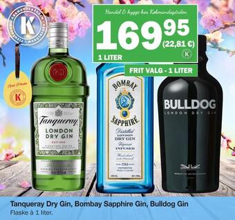 Tanqueray dry gin, bombay sapphire gin, bulldog gin