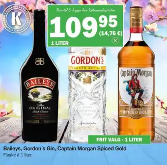 Baileys, gordon's gin, captain morgan spiced gold
