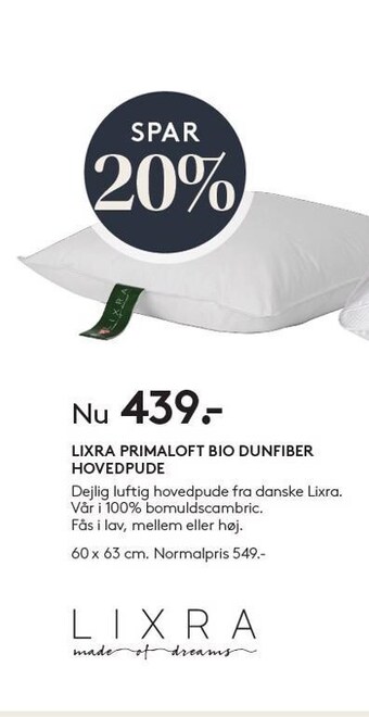 Lixra primaloft bio dunfiber hovedpude