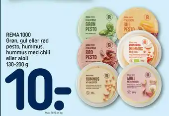 REMA 1000 REMA 1000 Grøn, gul eller rød pesto, hummus, hummus med chili eller aioli tilbud