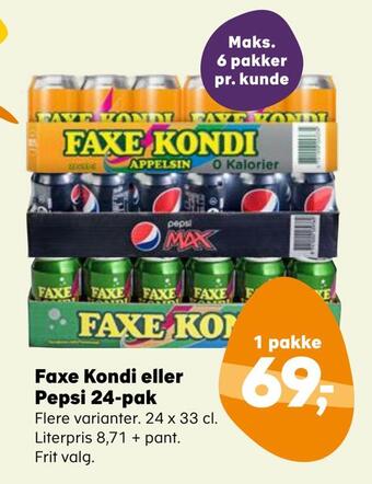 Kvickly Faxe kondi eller pepsi 24-pak tilbud
