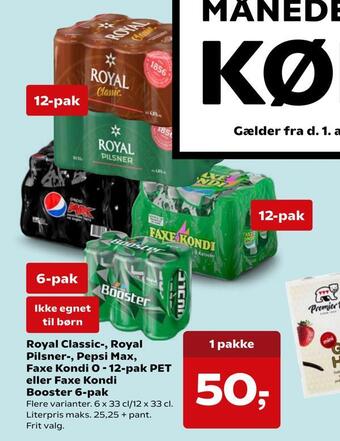 Kvickly Royal classic-, royal pilsner-, pepsi max, faxe kondi 0 - 12-pak pet eller faxe kondi booster 6-pak tilbud
