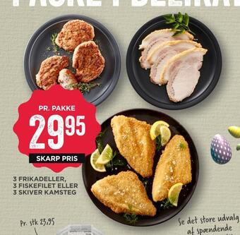 MENY 3 frikadeller, 3 fiskefilet eller 3 skiver kamsteg tilbud