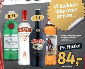 Baileys, tanqueray, captain morgan el. smirnoff
