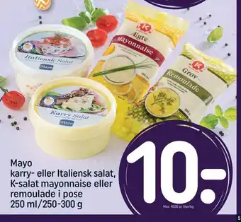 REMA 1000 Mayo karry eller italiensk salat, k-salat mayonnaise eller remoulade i pose tilbud