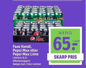 SPAR Faxe kondi, pepsi max eller pepsi max lime tilbud