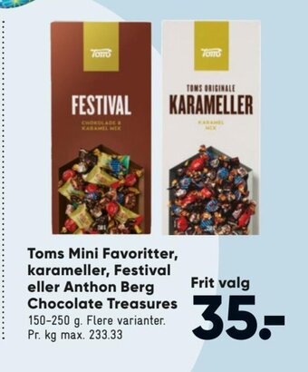 Bilka Toms Mini Favoritter, Karameller, Festival eller Anthon Berg Chocolate Treasures tilbud