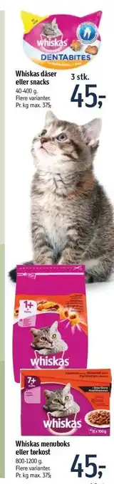Føtex Whiskas dåser, snakcs, menuboks el. tørkost tilbud
