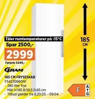 Power Gram 185 cm fryseskab tilbud
