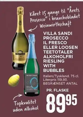 MENY Villa sandi prosecco il fresso teetotaler alkoholfri riesling with bubbles tilbud