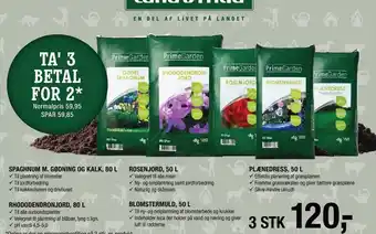 Land & Fritid Spaghnum m. gødning og kalk 80 l, rhododendronjord 80 l, rosenjord 50 l, blomstermuld 50 l eller plænedress 50 l - 3 stk. tilbud