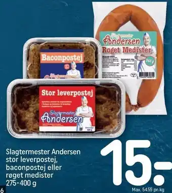 REMA 1000 Slagtermester andersen stor leverpostej, baconpostej eller røget medister tilbud