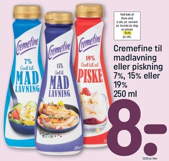 REMA 1000 Cremefine til madlavning eller piskning 7%, 15% eller 19% 250 ml tilbud