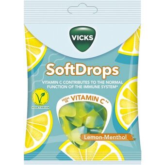 2 x vicks soft drops lemon | vicks soft drops lemon er bløde pastiller med en smag af citron & mentol, der er beriget med c-v