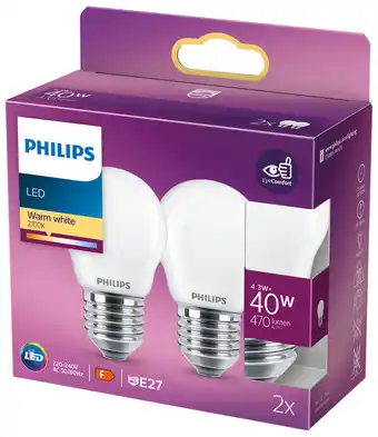 Philips led-pære 4,3w e27 p45 2-pak