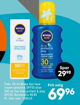 Bilka 50 ml nivea sun face cream sensitive spf50 eller 200 ml sun kids protect & play spf30 tilbud