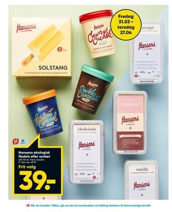 Bilka Hansens økologisk flødeis eller sorbet tilbud