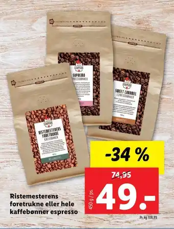 Lidl Ristemesterens foretrukne eller hele kaffebønner espresso tilbud