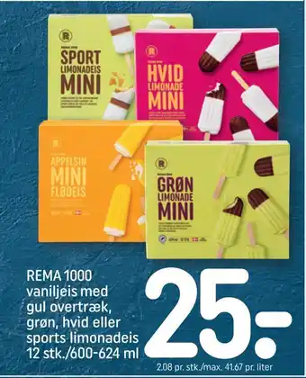REMA 1000 Ml rema 1000 vaniljeis med gul overtræk, grøn, hvid eller sports limonadeis 12 stk./600-624 tilbud
