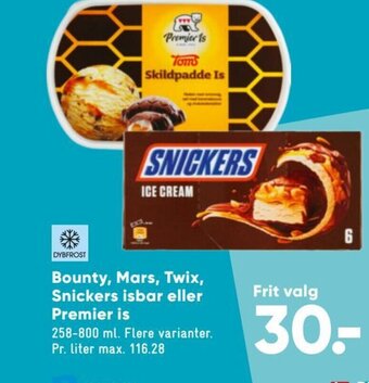 Bilka Bounty, Mars, Twix, Snickers Isbar eller Premier Is tilbud