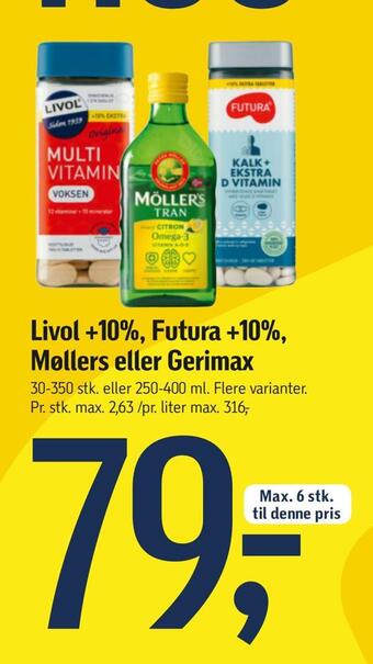 Føtex Livol +10%, futura +10%, møllers eller gerimax tilbud