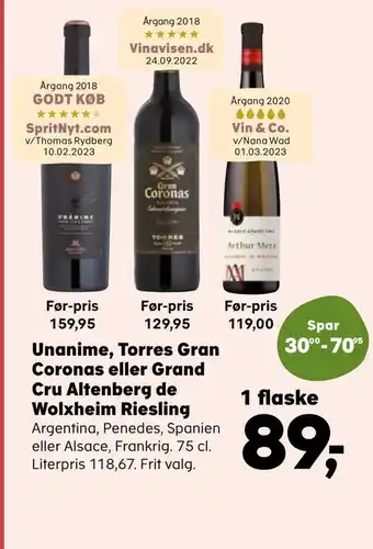 Kvickly Unanime, torres gran coronas eller grand cru altenberg de wolxheim riesling tilbud