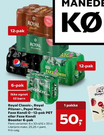 Kvickly Royal classic-, royal pilsner-, pepsi max, faxe kondi 0 - 12-pak pet eller faxe kondi booster 6-pak tilbud