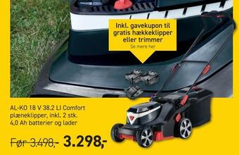 Johannes Fog Al-ko 18 v 38,2 li comfort plæneklipper, inkl. 2 stk. 4,0 ah batterier og lader tilbud