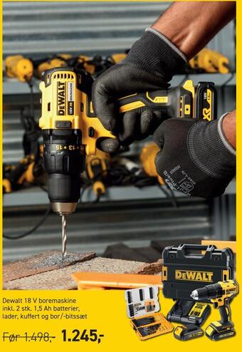 Johannes Fog Dewalt 18 v boremaskine inkl. 2 stk. 1,5 ah batterier, lader, kuffert og bor/-bitssæt tilbud