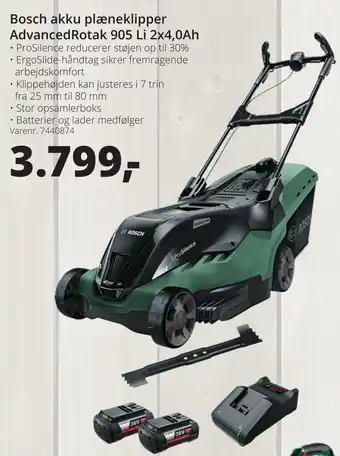 10-4 Byggecenter Bosch Akku Plæneklipper AdvancedRotak 905 Li 2x4,0ah tilbud