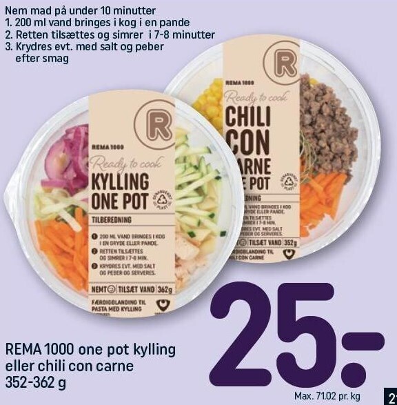 Rema 1000 one pot kylling eller chili con carne tilbud hos Rema 1000