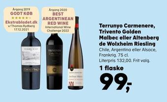 SuperBrugsen Terrunyo carmenere, trivento golden malbec eller altenberg de wolxheim riesling tilbud