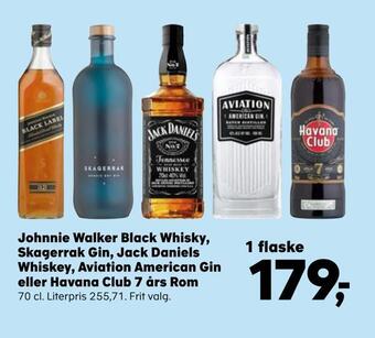 SuperBrugsen Johnnie walker black whisky, skagerrak gin, jack daniels whiskey, aviation american gin eller havana club 7 års rom tilbud
