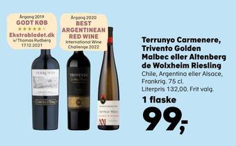 Kvickly Terrunyo carmenere, trivento golden malbec eller altenberg de wolxheim riesling tilbud