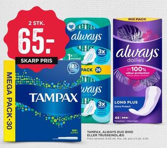 MENY Tampax, always duo bind eller trusseindlæg tilbud