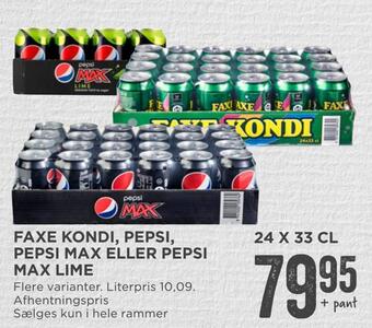 MENY Faxe kondi, pepsi, pepsi max eller pepsi max lime tilbud