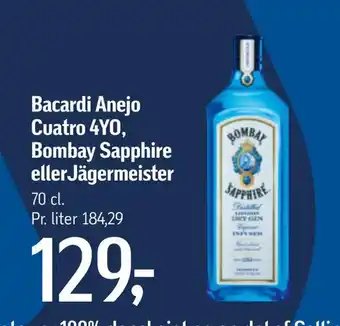 Bacardi anejo cuatro 4yo, bombay sapphire ellerjägermeister