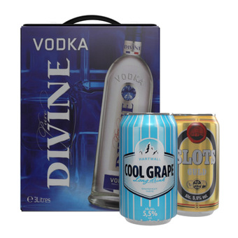 Netpris Pure divine vodka 37,5% 3 ltr. + hartwall cool grape 5,5% 24 x 0,33 ltr. + slots guld 5,9% 24 x 0,33 ltr. tilbud