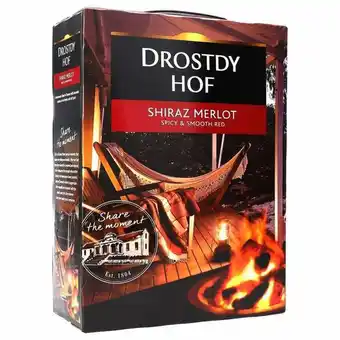 Netpris Distell drostdy hof shiraz/merlot/cape red 13,5% 3 ltr. bib tilbud