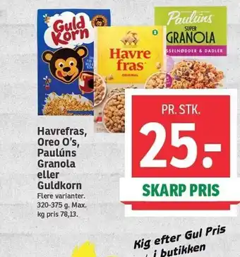 SPAR Havrefras, oreo o's, paulúns granola eller guldkorn tilbud